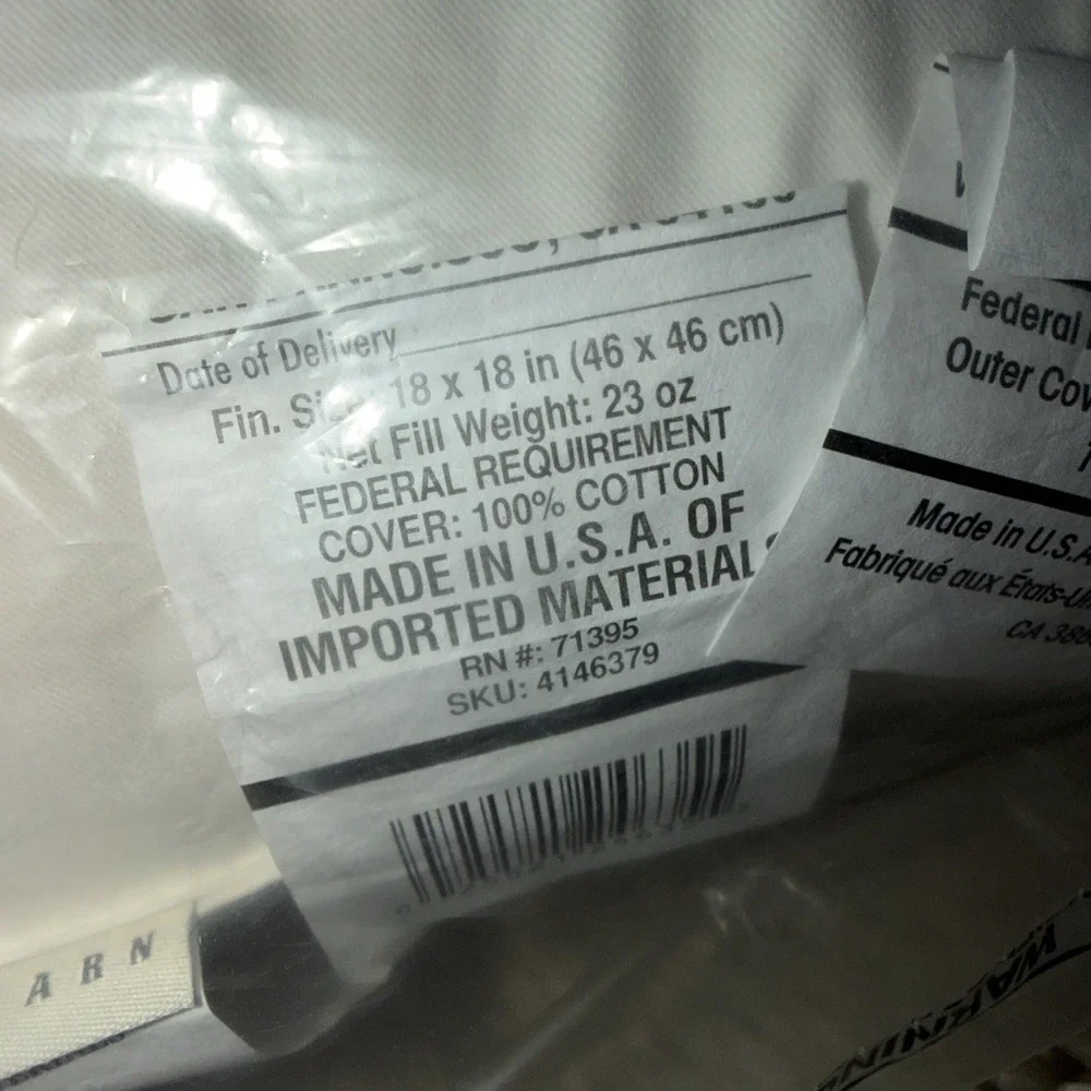 NWT Pottery Barn Down Filled Square Pillow. Insert. 18x18